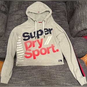 Superdry Sport Diamond Label Logo Striped Heather Gray Pullover Hoodie Womens M